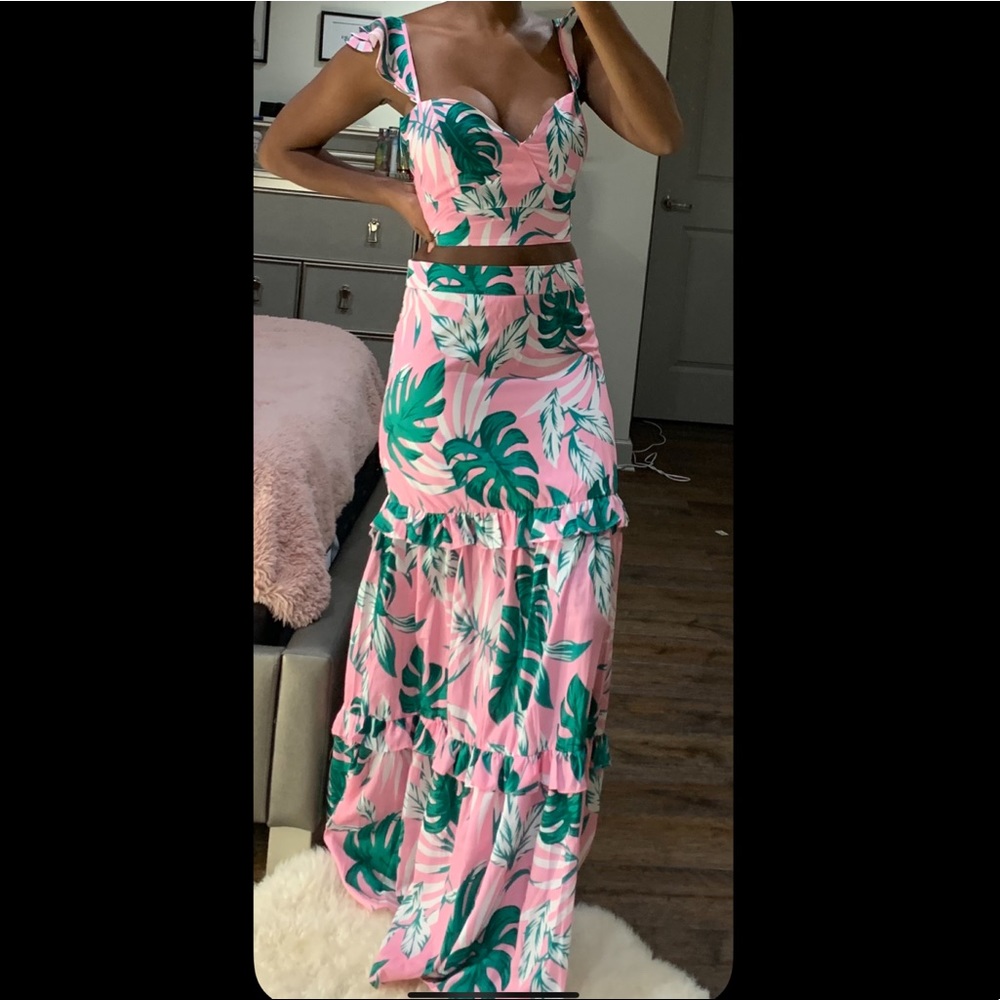 Pink Leaves Maxi Skirt Set